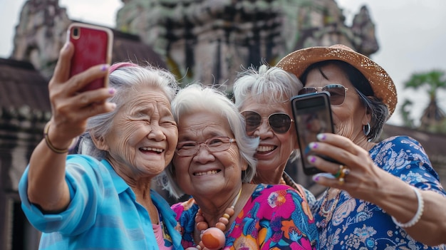 Een groep oudere vrouwen maakt samen een selfie.