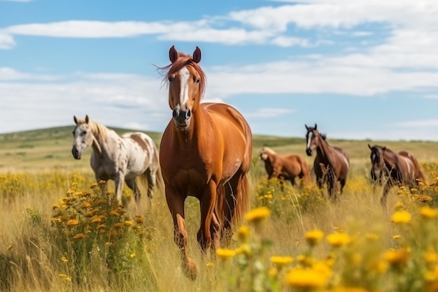 een groep paarden die door een veld lopen