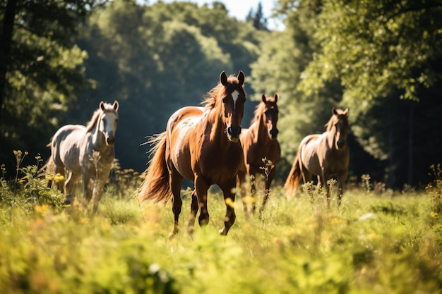 een groep paarden die door een veld rennen