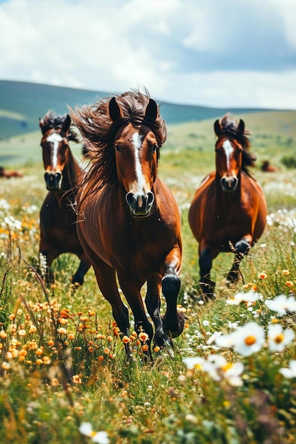 Foto een groep paarden die door een veld van bloemen rennen