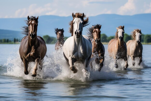 een groep paarden die door een watermassa rennen