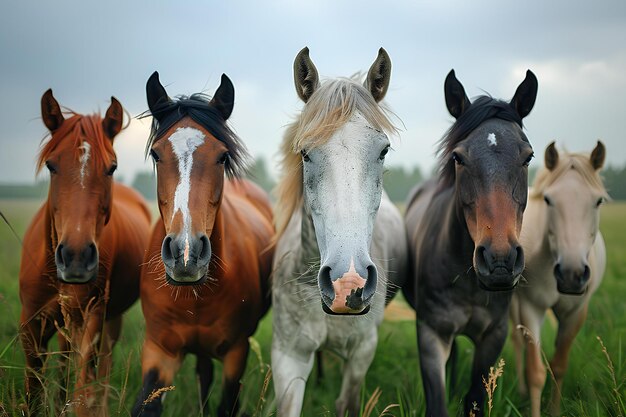 Foto een groep paarden die op een weelderig groen veld staan