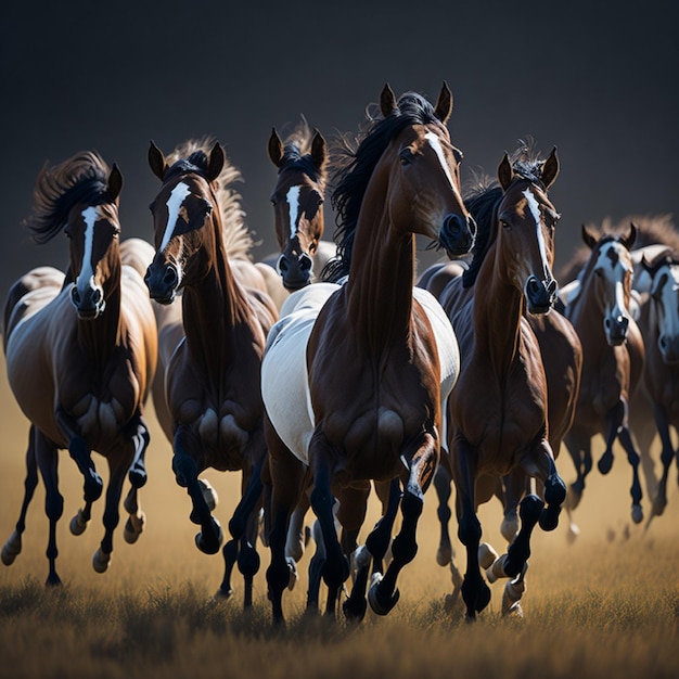 Een groep paarden rent in een weiland, op één ervan staat het woord paarden.