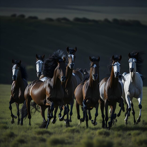 Een groep paarden rent in een weiland