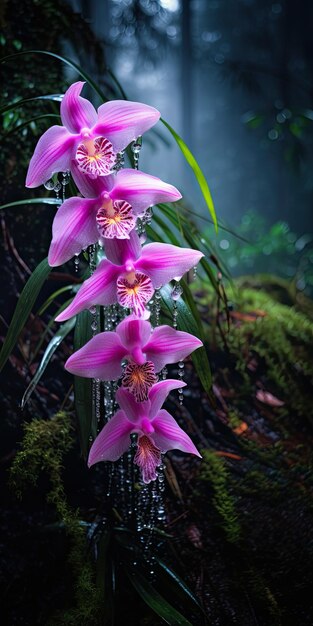 een groep paarse bloemen met waterdruppels erop