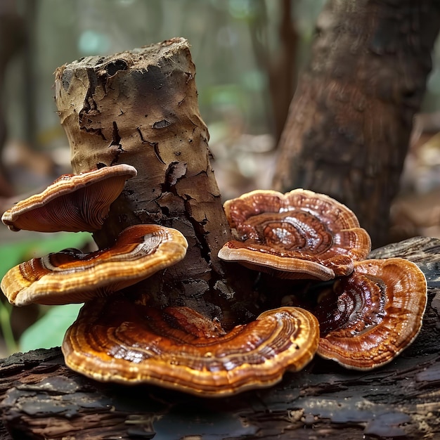 Een groep paddenstoelen die op een boomtak in het bos groeien met een boomstomp op de achtergrond