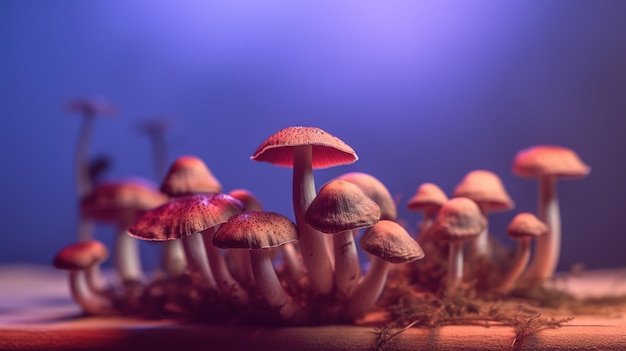 Een groep paddenstoelen ligt op een tafel in een donkere kamer.