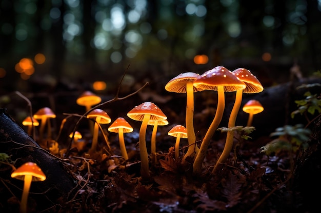 een groep paddenstoelen met lampjes erop