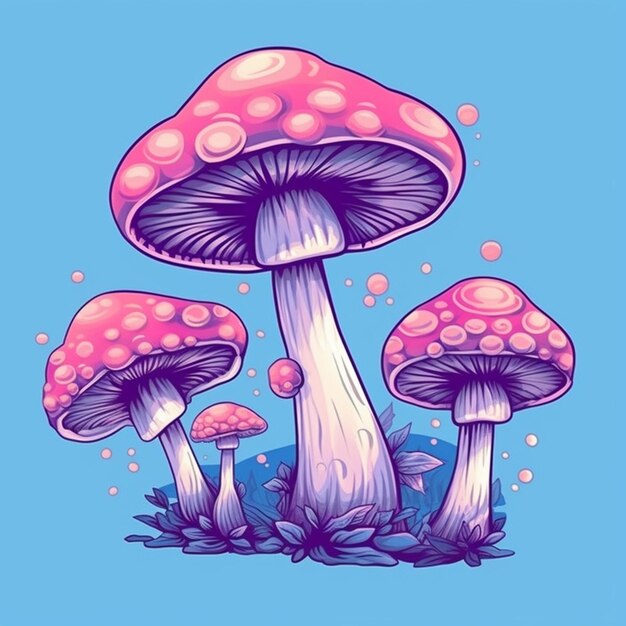 Een groep paddenstoelen met roze en blauwe kleuren op een blauwe achtergrond generatieve ai