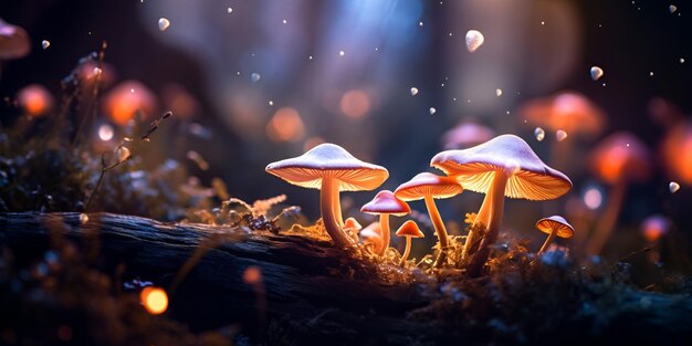 Een groep paddenstoelen op een donkere achtergrond met een blauw licht op de achtergrond
