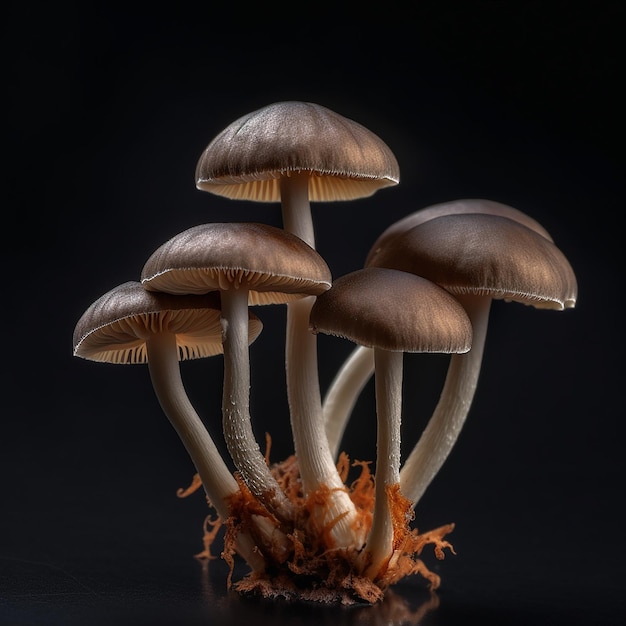 Een groep paddenstoelen staat op een zwarte achtergrond.