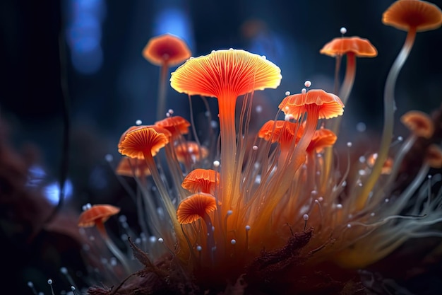 Een groep paddenstoelen waar het licht op schijnt