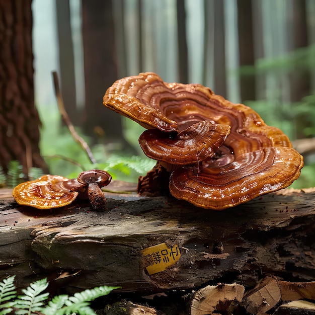 Een groep paddenstoelen zit op de top van een boomstomp in het bos met een bos achtergrond en een