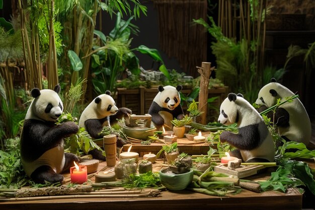 Foto een groep panda's zit op een tafel met bamboestokjes.