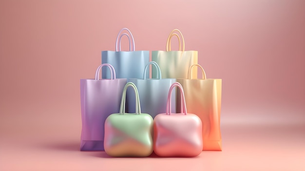 Een groep pastelkleurige tassen is gestapeld op een roze achtergrond.