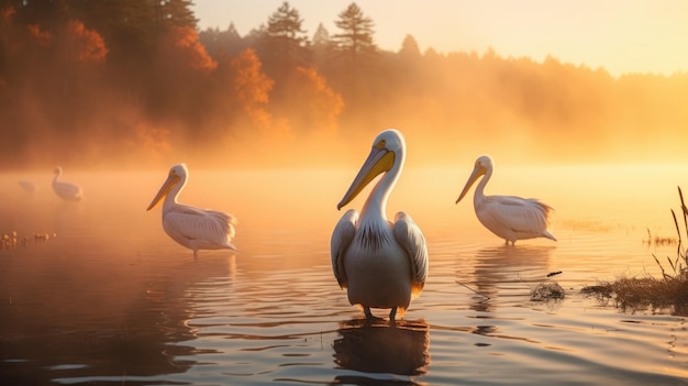 Een groep pelikanen die aan de oever van het meer staan bij zonsopgang