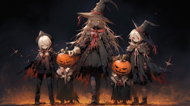 een groep personages met een pompoen en een heks bovenop