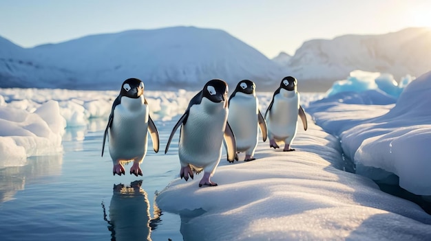 Een groep pinguïns die langs een ijzige kustlijn wandelt