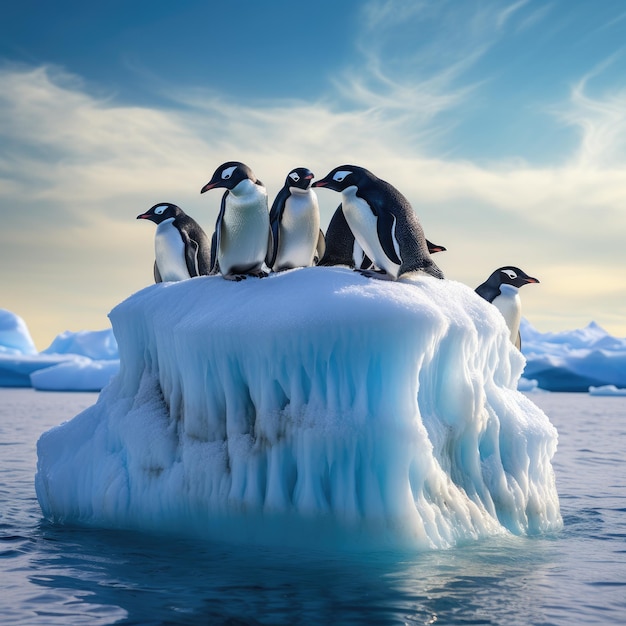 Foto een groep pinguïns op een ijsberg gentoo-pinguïns die op de besneeuwde kustlijn wandelen, gegenereerd door ai