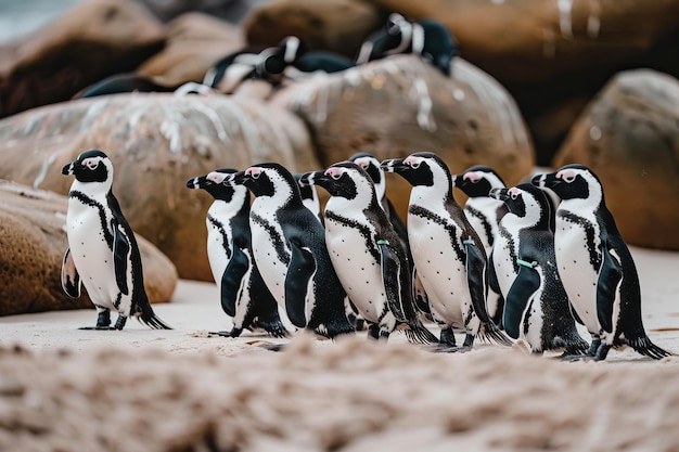 Een groep pinguïns staat op een strand.