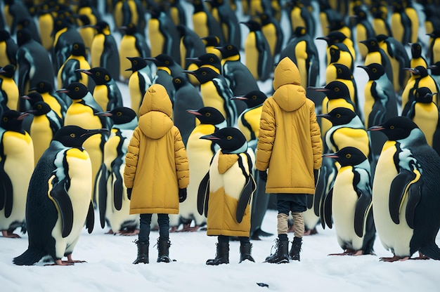 Een groep pinguïns staat voor een grote menigte.