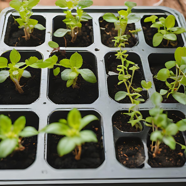 Foto een groep planten die op een dienblad staan