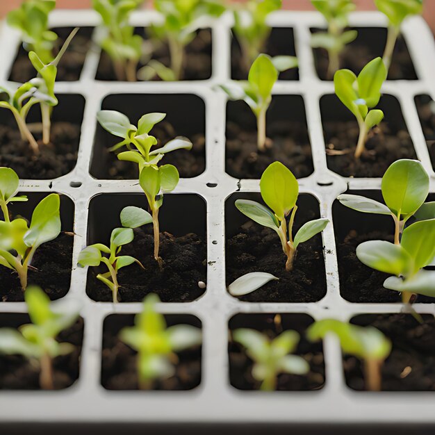 een groep planten die op een witte dienblad staan