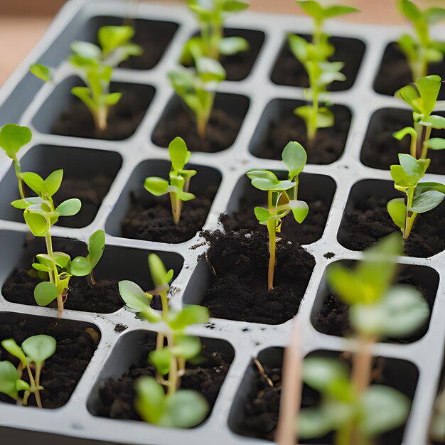 een groep planten die zijn gelabeld als quot zaad quot en quot groeien in een plastic container