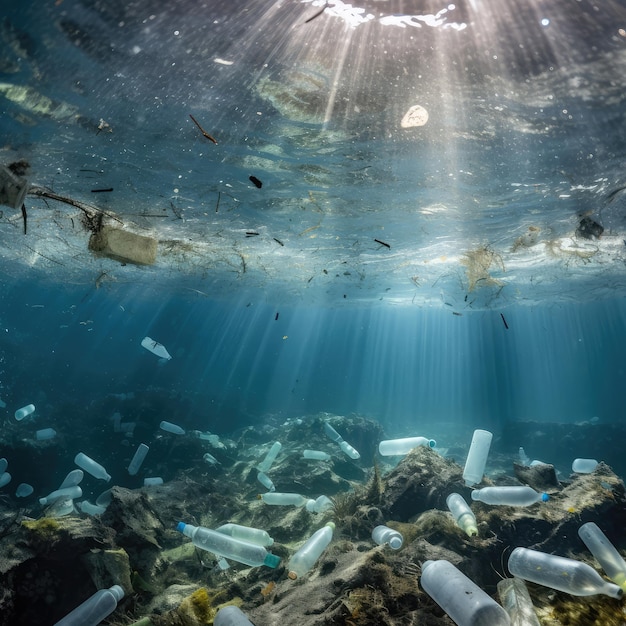 Een groep plastic flessen drijft in de oceaan.