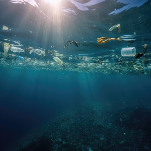 Een groep plastic flessen drijft in de oceaan.