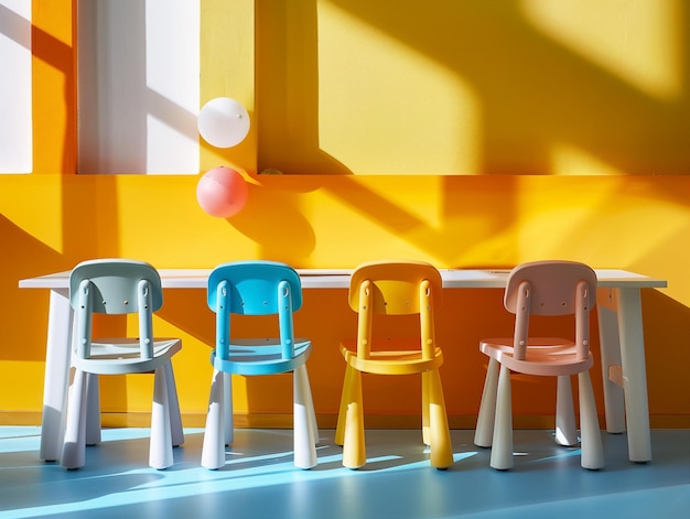 Een groep plastic stoelen voor kinderen