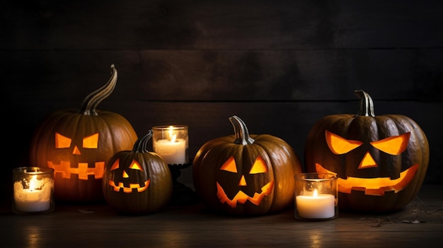 Een groep pompoenen met kaarsen ervoor, waarvan er één "halloween" zegt.