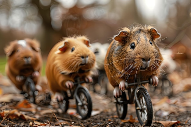 Een groep proefkonijnen die op miniatuurfietsen door een hindernisbaan in de achtertuin rijden en strijden om de titel van snelste harige racer