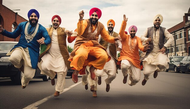 Foto een groep punjabi jongens in traditionele kleding die bhangra doen