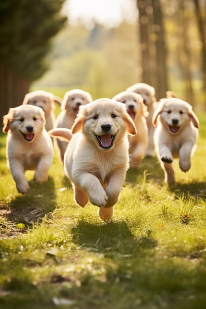 Foto een groep puppies die in een rij rennen met hun mond open