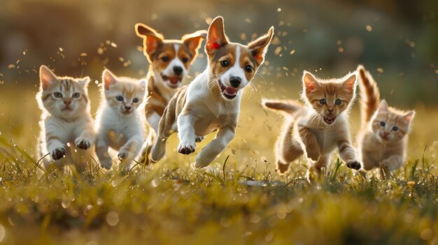 Een groep puppy's die in een veld rennen.