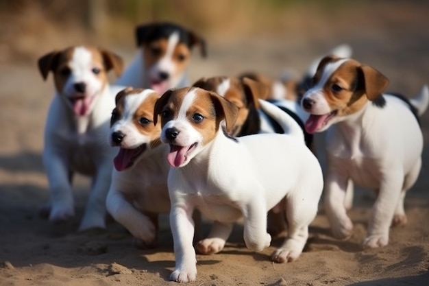 Een groep puppy's die op een strand rennen