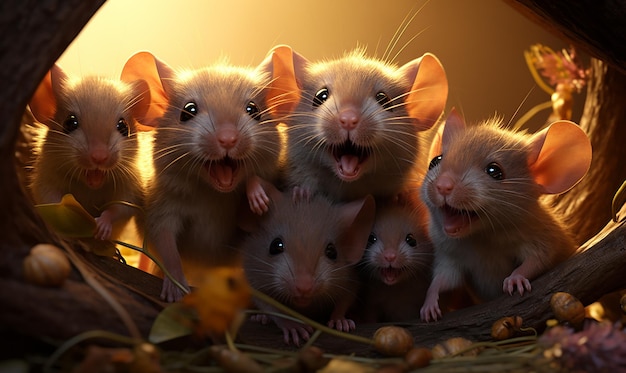 een groep ratten zit samen en een heeft een gezicht op zijn gezicht