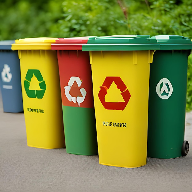 een groep recyclingbakken met een die zegt recycle op de bodem