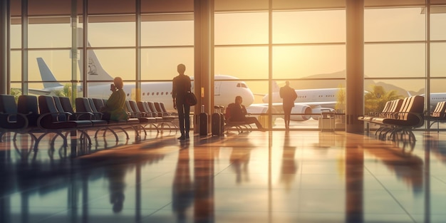 Een groep reizigers die geduldig wachten bij de luchthaven terminal gevuld met AI gegenereerd