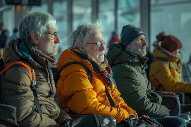 Een groep reizigers met een rugzak op de luchthaven Generatieve AI