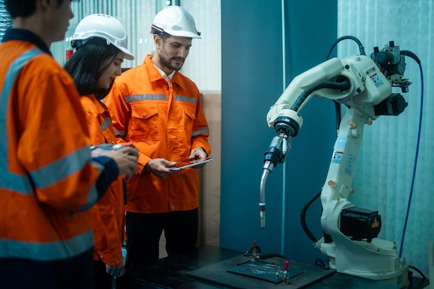 Een groep robotica ingenieurs die werken aan het programmeren en manipuleren van robothanden