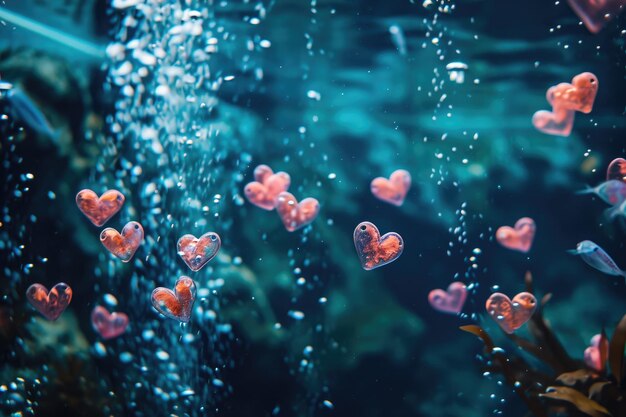 Een groep rode hartvormige ballonnen die sierlijk drijven op het wateroppervlak Een onderwater Valentijnsdag omgeving gevuld met hartvormige bubbels AI gegenereerd