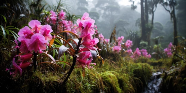 een groep roze bloemen in een bos