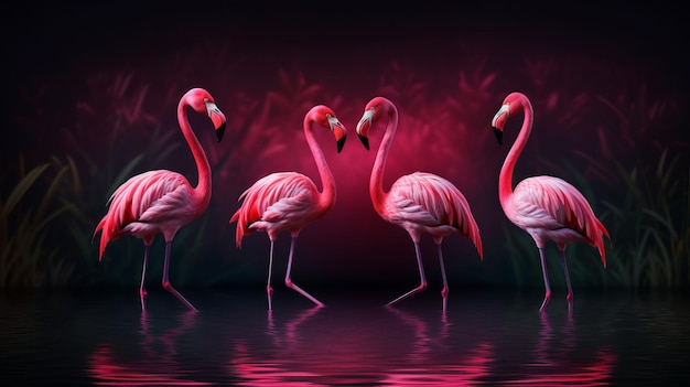 Een groep roze flamingo's die in het water staan