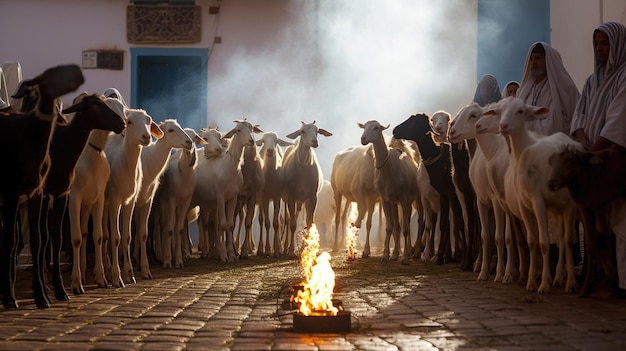 een groep schapen zit verzameld rond een vuur met naast hen een man en daarnaast een man met een geit.