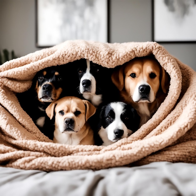 Een groep schattige honden knuffelde samen in een gezellig dekenfort