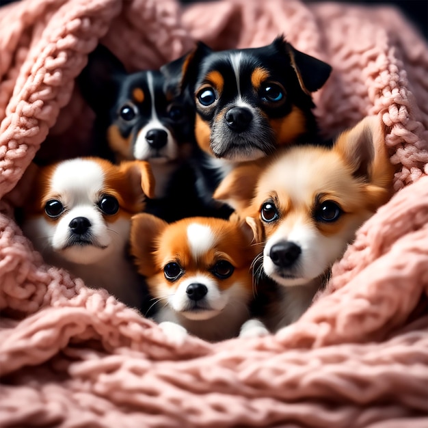Een groep schattige honden knuffelde samen in een gezellig dekenfort