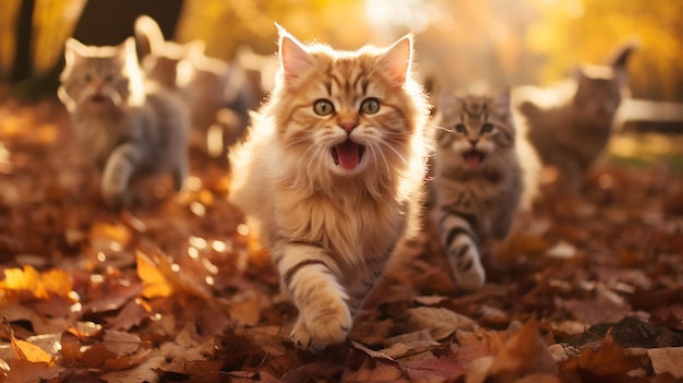 een groep schattige katten die in de herfst naar de bladeren rennen, een zonnige dag in het park