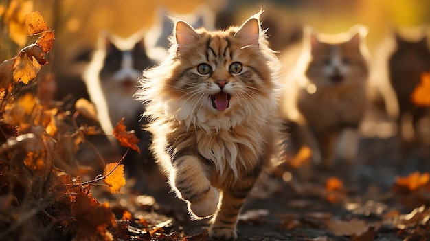 een groep schattige katten die in de herfst naar de bladeren rennen, een zonnige dag in het park